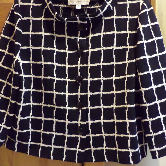 ST. JOHN BOAT BUTTON - FRONT JACKET  ~ BLACK with Ivory Squares ~  Size: 6  EUC - Picture 1 of 8